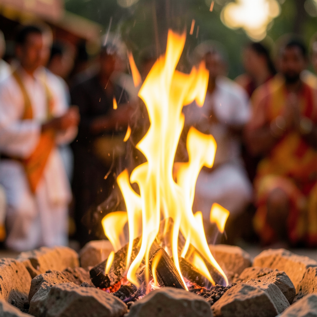 Close up of a sacred Vedic fire ritual (Yagna) with flames rising, blurred background of devotees, warm golden and orange lighting